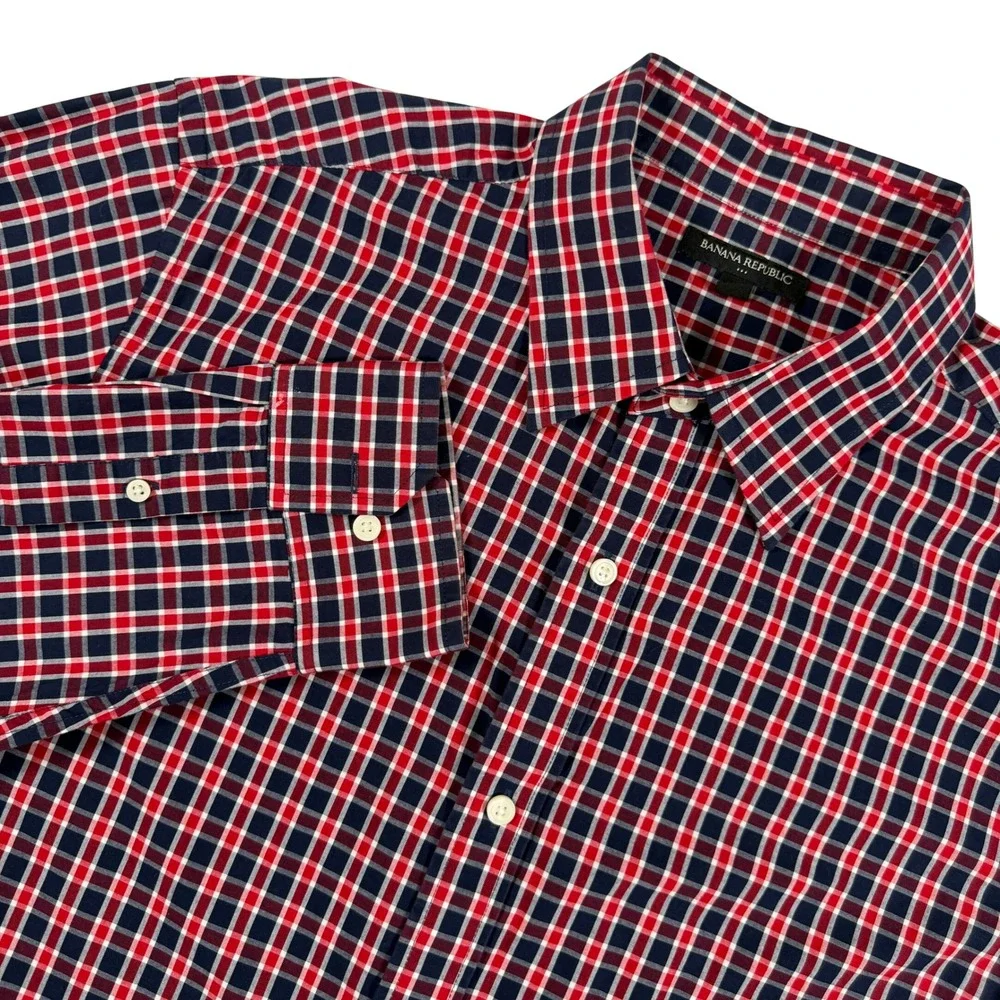 Banana Republic Shirt Check Men XL Ruby Red Plaid Cotton Button Down Long Sleeve